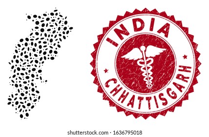 Vector collage Chhattisgarh State map and red rounded rubber stamp seal with caduceus sign. Chhattisgarh State map collage constructed with ellipse spots. Red rounded clinic stamp,
