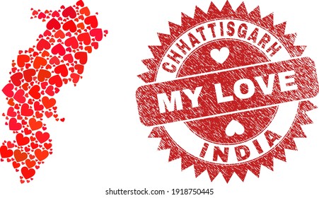 Vector collage Chhattisgarh State map of valentine heart items and grunge My Love seal stamp. Collage geographic Chhattisgarh State map constructed with love hearts.
