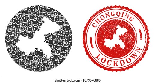 Collage de vectores en la ciudad de Chongqing mapa de cerraduras y sello de sello LOCKDOWN. Mapa geográfico mosaico de la ciudad de Chongqing diseñado como forma tallada de forma redonda con cerraduras negras.