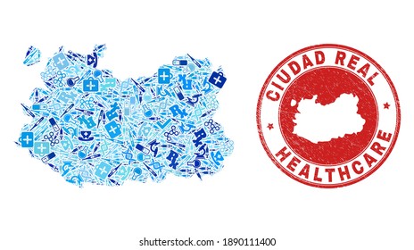 Vector collage Ciudad Real Province map with healthcare icons, medicine symbols, and grunge healthcare imprint. Red round imprint with unclean rubber texture and Ciudad Real Province map text and map.