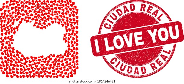 Vector collage Ciudad Real Province map of love heart items and grunge love stamp. Collage geographic Ciudad Real Province map designed as stencil from rounded square shape with love hearts.