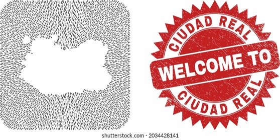 Vector collage Ciudad Real Province map of immigration arrows and grunge Welcome stamp.