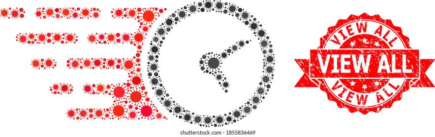 Vector collage clock of SARS virus, and View All scratched ribbon seal print. Virus items inside clock composition. Red stamp seal contains View All caption inside ribbon.