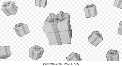 Vektorcollage mit geschlossenen weißen Geschenkboxen, die mit seidigen Schleifenbögen verbunden sind. Festlicher Hintergrund von Geschenken einzeln auf transparentem Hintergrund.