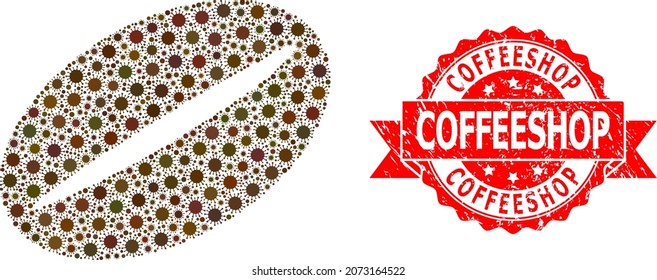 Vector collage coffee bean of covid-2019 virus, and Coffeeshop unclean ribbon stamp. Virus items inside coffee bean collage. Red stamp includes Coffeeshop title inside ribbon.