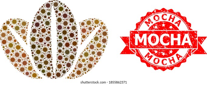 Vector collage coffee beans of covid-2019 virus, and Mocha dirty ribbon stamp seal. Virus particles inside coffee beans collage. Red seal includes Mocha caption inside ribbon.