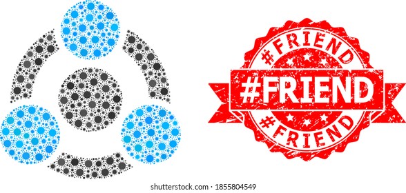 Vector collage collaboration of SARS virus, and #Friend corroded ribbon stamp seal. Virus cells inside collaboration collage. Red seal includes #Friend text inside ribbon.