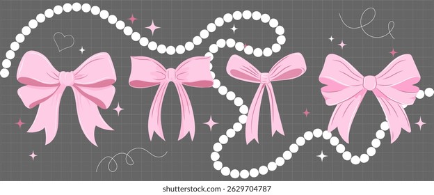 Vector collage collection of cute coquette bows. Cute Feminine Ribbon Clipart for Scrapbooking, Invitations, Fashion Design, Packaging, Stickers, and Holiday Decorations Vector EPS10