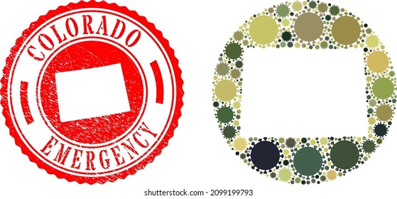 Collage vectorial del mapa del estado de Colorado de íconos del virus de la gripe y placa de EMERGENCIA gruesa. Mapa geográfico mosaico del estado de Colorado creado como forma tallada de forma redonda con elementos del virus de la gripe en colores del ejército de camo.