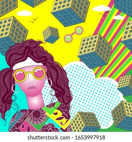 Collage vectorial en el estilo combinado de memphis y arte pop. Ilustración del vector