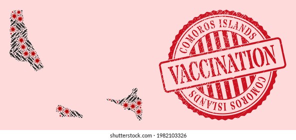 Vector collage Comoros Islands map of SARS virus, vaccine icons, and red grunge vaccine seal stamp. Virus items and vaccine particles inside Comoros Islands map.