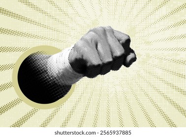 Vector collage, Concept of human rights fight. Strong fist raised up, a contemporary punk grunge style . Modern poster with dotted elements.