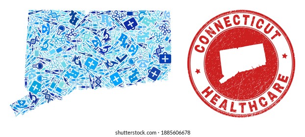 Vector collage Connecticut State map with medical icons, analysis symbols, and grunge healthcare rubber imitation.