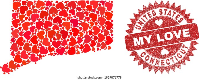 Vector collage Connecticut State map of valentine heart items and grunge My Love stamp. Mosaic geographic Connecticut State map designed with love hearts.