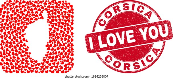 Vector collage Corsica map of lovely heart items and grunge love seal stamp. Collage geographic Corsica map designed as hole from rounded square with lovely hearts.