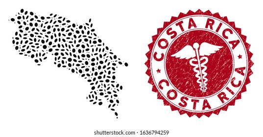 Vector collage Costa Rica map and red rounded distressed stamp seal with health care symbol. Costa Rica map collage formed with elliptic items. Red rounded medicine seal stamp, with distress texture.