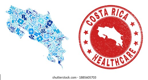 Vector collage Costa Rica map with syringe icons, chemical symbols, and grunge healthcare seal stamp. Red round imprint with grunge rubber texture and Costa Rica map tag and map.