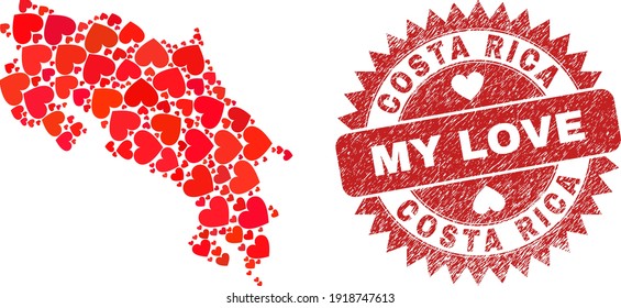 Collage vectorial en Costa Rica mapa de ítems del corazón de amor y estampado del sello de mi amor. Mapa geográfico collage de Costa Rica creado con corazones de amor.