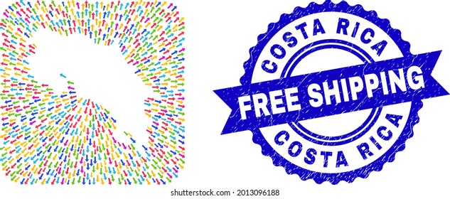 Vector sammelt Costa Rica Karte von Out-Pfeilen und grunge Free Shipping Segel. Collage Costa Rica Karte erstellt als Loch aus abgerundeten quadratischen Form mit Lieferpfeilen.