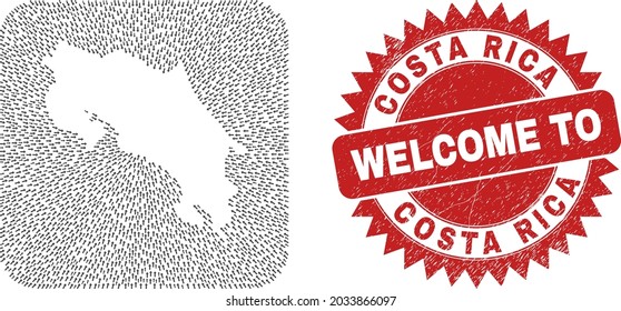 Vector collage Costa Rica map of direction arrows and scratched Welcome seal stamp. Collage geographic Costa Rica map designed as carved shape from rounded square shape with straight arrows.