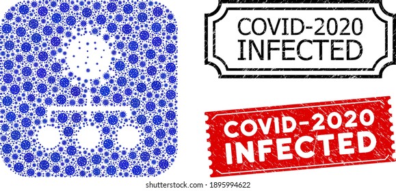 Vector collage covid replication and grunge Covid-2020 Infected seal stamps. Mosaic covid replication constructed as carved shape from rounded square with blue cell items.
