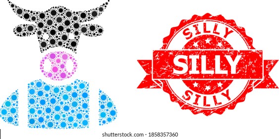 Vector collage cow boy of flu virus, and Silly grunge ribbon stamp seal. Virus cells inside cow boy collage. Red stamp seal has Silly tag inside ribbon.