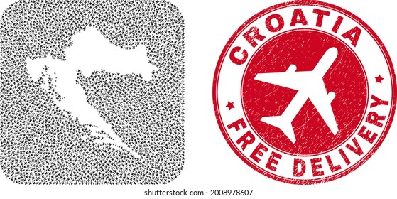 Vector collage Croatia map of airliner items and grunge Free Delivery seal stamp. Collage geographic Croatia map designed as stencil from rounded square with flying away air planes.