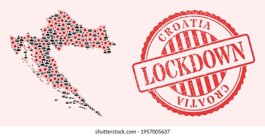 Mapa del collage vectorial de Croacia del virus covid-2019, hombres enmascarados y sello de bloqueo de grunge rojo. Partículas de virus y hombres enmascarados dentro del mapa de Croacia. Sello rojo con textura de goma gruesa y palabra LOCKDOWN.
