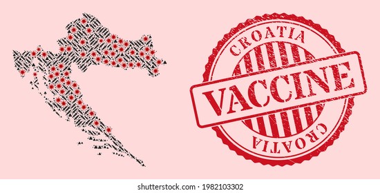 Vector collage Croatia map of flu virus, injection icons, and red grunge vaccine seal stamp. Virus elements and injection items inside Croatia map.