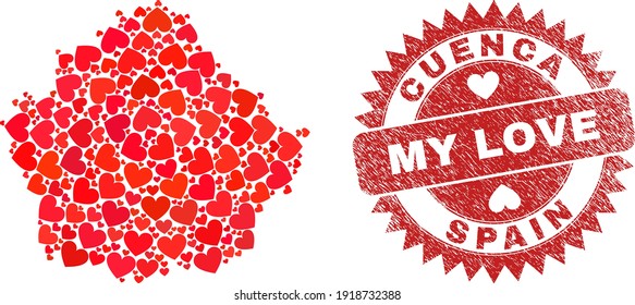 Vector collage Cuenca Province map of valentine heart elements and grunge My Love seal stamp. Collage geographic Cuenca Province map designed with love hearts.
