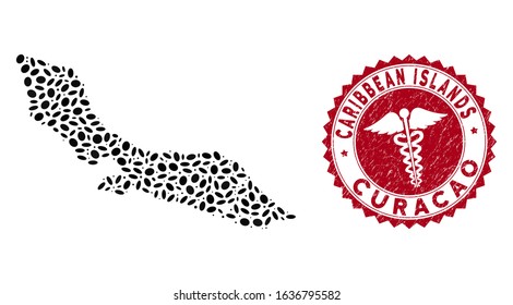 Vector collage Curacao Island map and red rounded corroded stamp seal with serpents symbol. Curacao Island map collage composed with oval items. Red rounded serpents stamp, with distress texture.