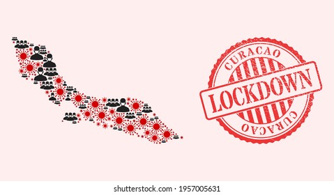 Vector collage Curacao Island map of corona virus, masked men and red grunge lockdown seal stamp. Virus particles and men in masks inside Curacao Island map.
