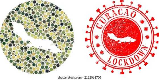 Vector collage Curacao Island map of virus items and grunge LOCKDOWN seal stamp. Mosaic geographic Curacao Island map designed as carved shape from circle with covid items in camo army colors.