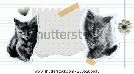 Vector collage with cute kittens in halftone retro style. Paper notes, tape, and torn elements for scrapbooking and journaling design. Vintage black and white aesthetic composition.