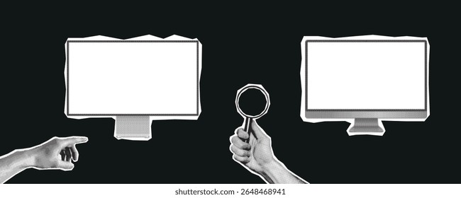 Vector collage in cutout halftone style featuring multiple computer monitors and a hand holding a magnifying glass. Symbolic concept for digital investigation, cybersecurity, online research