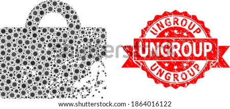Vector collage damaged luggage of flu virus, and Ungroup grunge ribbon seal print. Virus particles inside damaged luggage collage. Red seal has Ungroup caption inside ribbon.