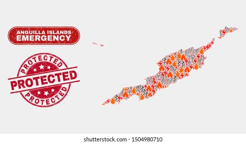 Vector collage of danger Anguilla Islands map and red round grunge Protected seal. Emergency Anguilla Islands map mosaic of fire, power lightning icons. Vector collage for fire protection services,