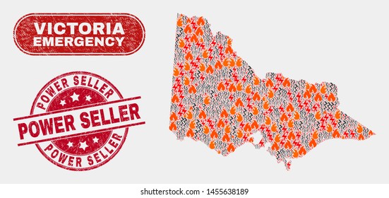 Vector collage of danger Australian Victoria map and red round distress Power Seller watermark. Emergency Australian Victoria map mosaic of fire, electric lightning elements.