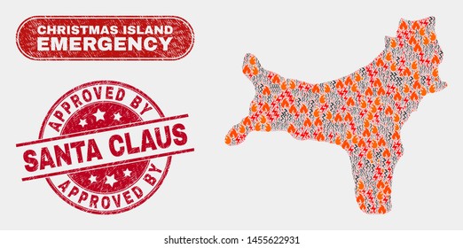 Vector collage of danger Christmas Island map and red rounded grunge Approved by Santa Claus seal stamp. Emergency Christmas Island map mosaic of flame, energy hazard items.