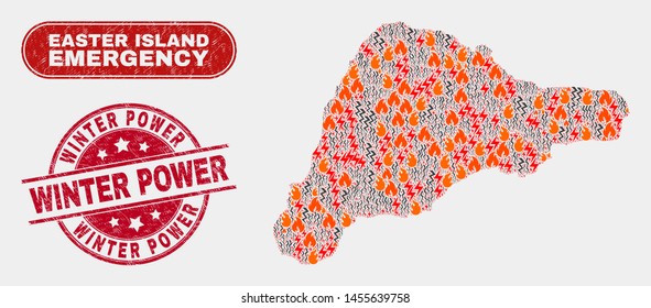 Vector collage of danger Easter Island map and red rounded scratched Winter Power seal. Emergency Easter Island map mosaic of flame, energy flash elements. Vector combination for emergency services,