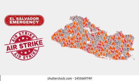 Vector collage of danger El Salvador map and red rounded grunge Air Strike seal. Emergency El Salvador map mosaic of destruction, electric strike icons. Vector collage for emergency services,