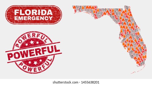 Vector collage of danger Florida State map and red rounded grunge Powerful seal stamp. Emergency Florida State map mosaic of wildfire, energy shock items. Vector combination for emergency services,
