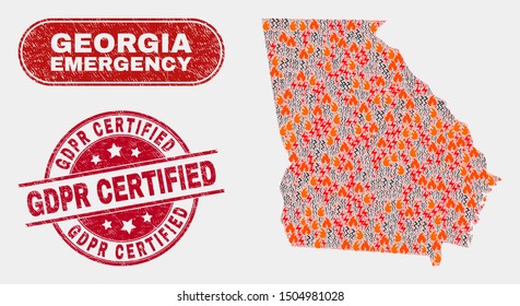 Vector collage of danger Georgia State map and red rounded scratched Gdpr Certified seal stamp. Emergency Georgia State map mosaic of fire, energy flash icons.