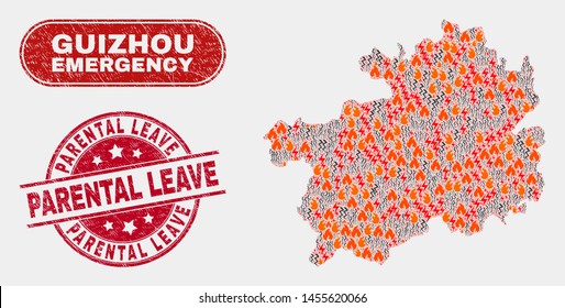 Vector collage of danger Guizhou Province map and red rounded scratched Parental Leave stamp. Emergency Guizhou Province map mosaic of flame, power lightning icons.