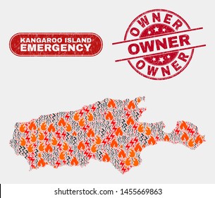 Vector collage of danger Kangaroo Island map and red rounded textured Owner stamp. Emergency Kangaroo Island map mosaic of fire, power shock icons. Vector collage for emergency services,