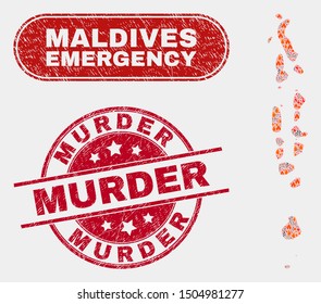Vector collage of danger Maldives map and red rounded textured Murder seal stamp. Emergency Maldives map mosaic of fire, energy shock elements. Vector collage for safety services,