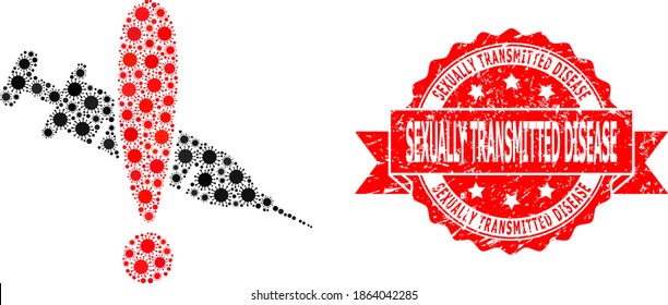 Vacuna de peligro de colaje vectorial del virus, e imitación de sellado de la cinta grunge de la enfermedad transmitida sexualmente. Partículas de virus dentro del collage de vacunas de peligro.