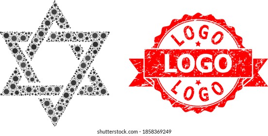 Vector collage david star of covid-2019 virus, and Logo grunge ribbon stamp seal. Virus elements inside david star collage. Red stamp seal includes Logo caption inside ribbon.