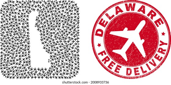 Vector collage Delaware State map of aeroplane items and grunge Free Delivery seal.