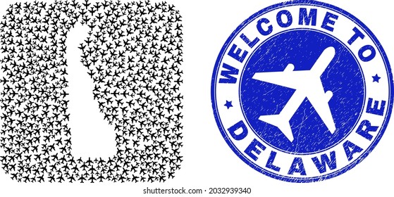 Vector collage Delaware State map of air shipping items and grunge Welcome stamp. Mosaic geographic Delaware State map designed as hole from rounded square shape with aeroplanes.